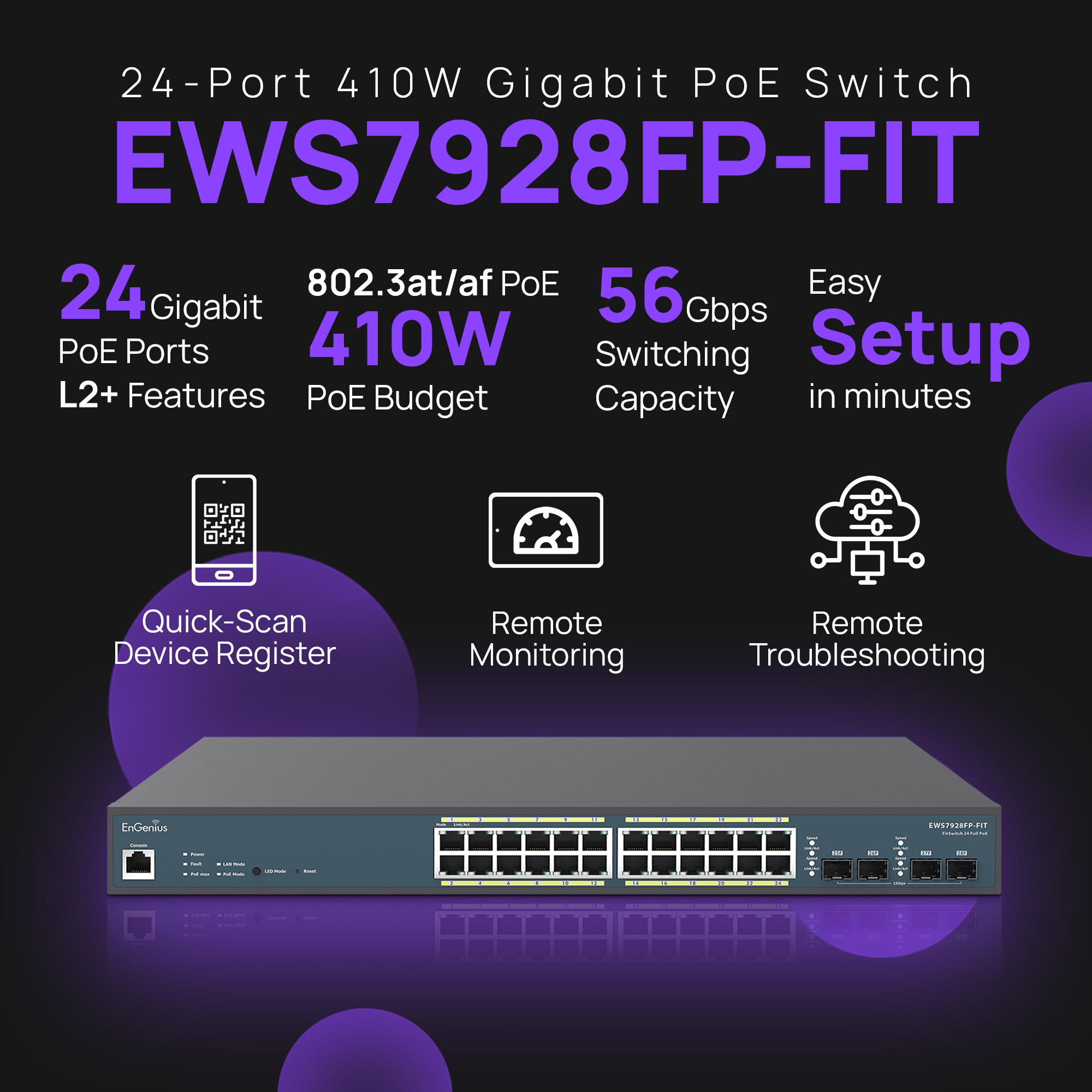 EnGenius EWS7928FP-FIT PoE+ Switch 24 x 10/100/1000 Port, 4 x SFP Fiber Port, L2+, 24-Port PoE+, 410W